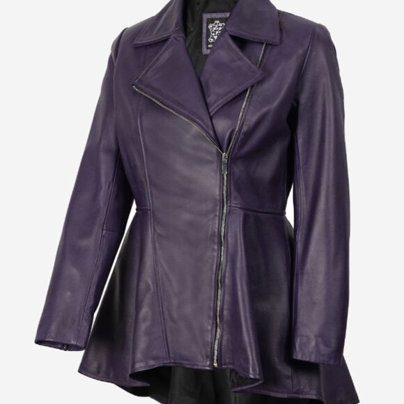 Women's Purple Asymmetrical Leather Peplum Jacket NWOT Sz M - Picture 2 of 12
